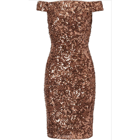 Adrianna Papell Women's Copper Sequin Off Shoulder Dress Size 14 EUC - Picture 4 of 11